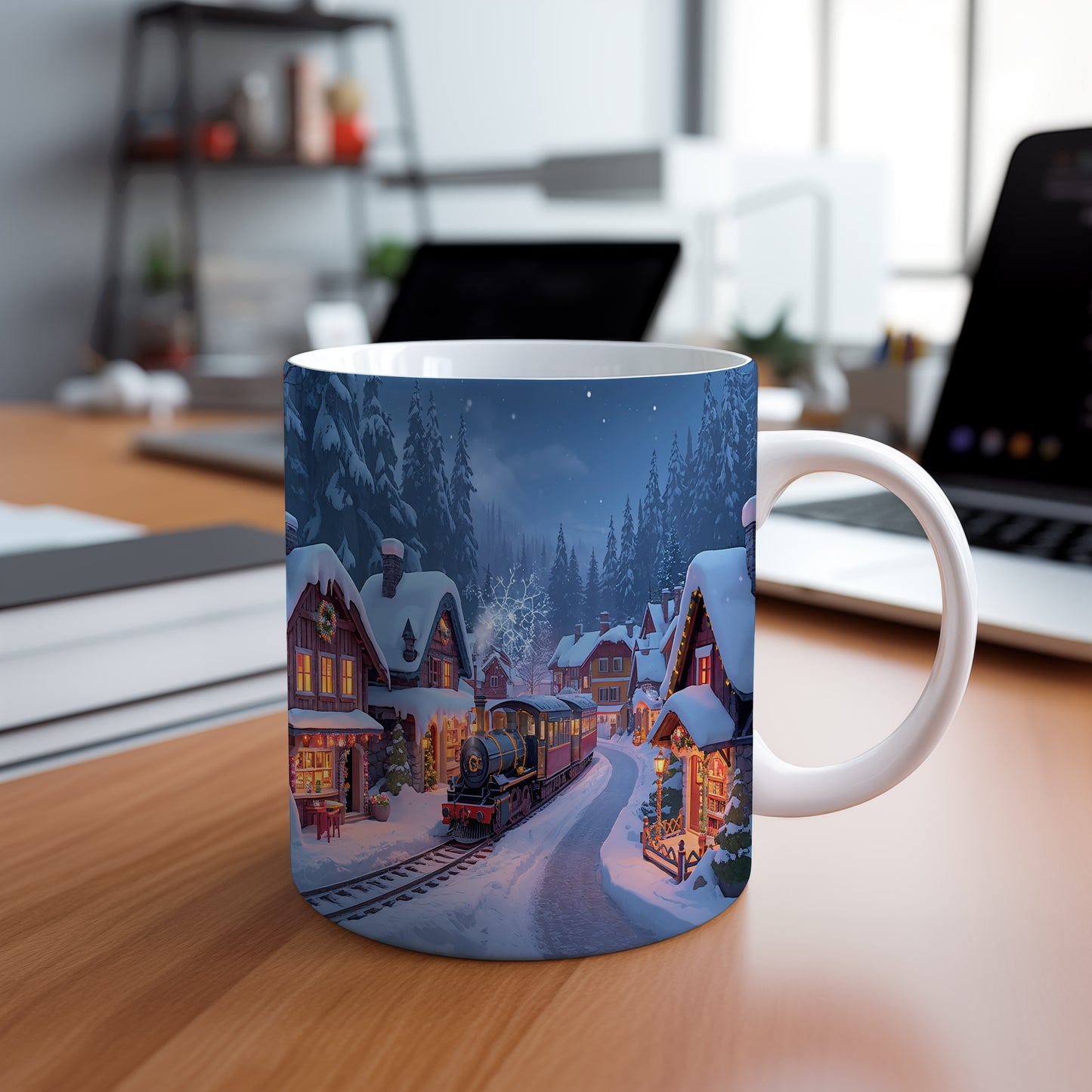 Hrnek s vánočním motivem – parní lokomotiva v zimní vesničce