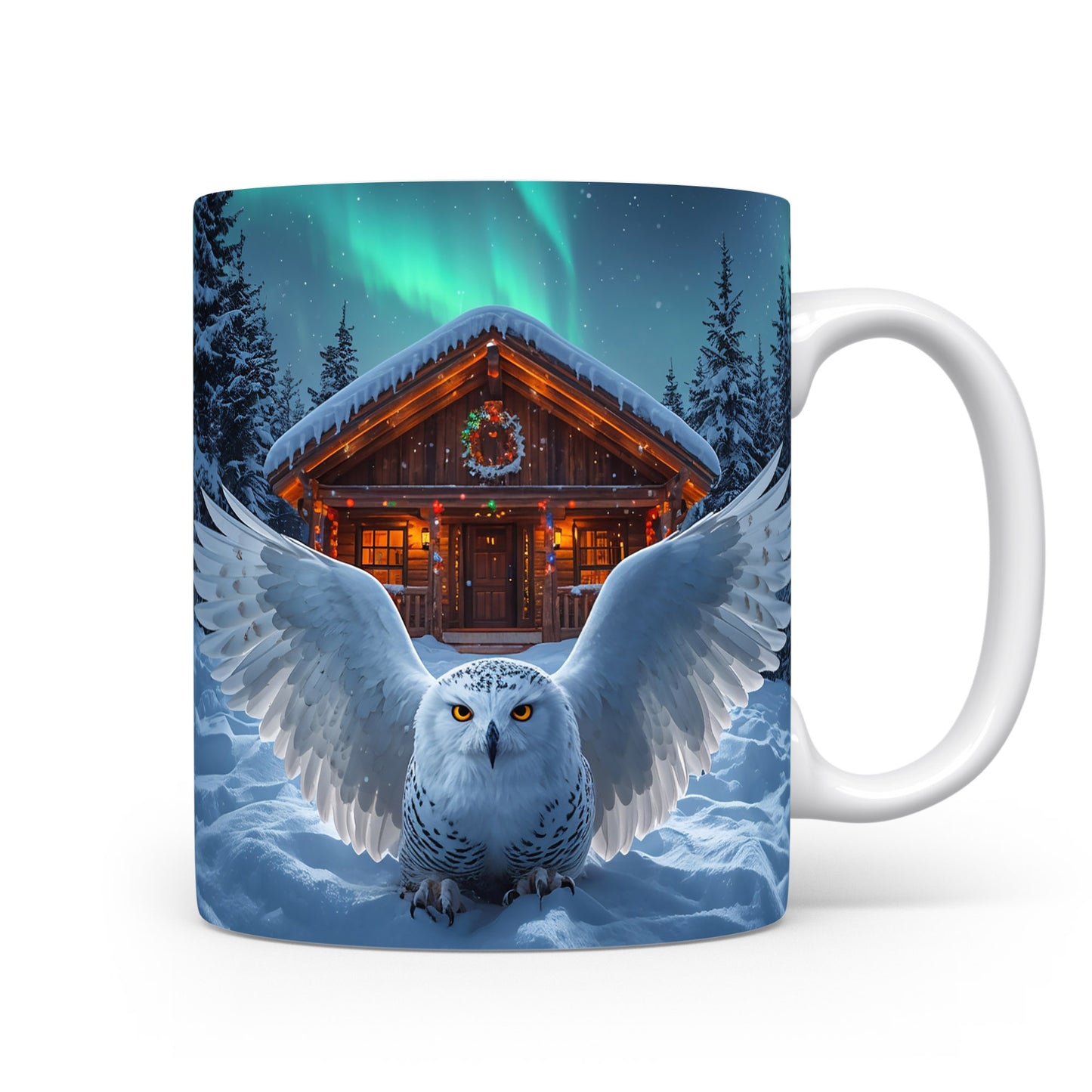 Hrnek s motivem sovy a chaty.