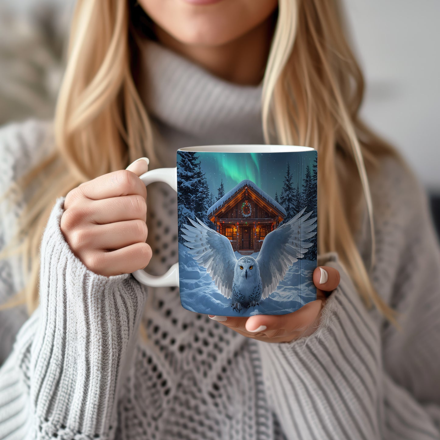 Hrnek s vánočním motivem – sova před chatou