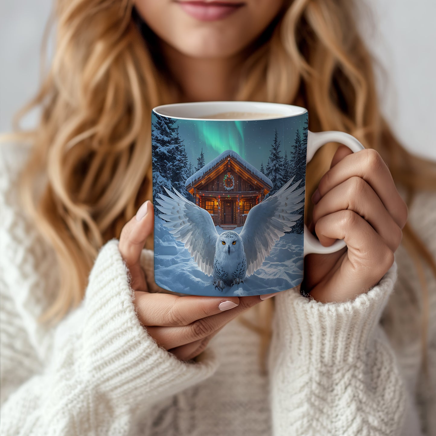 Hrnek s vánočním motivem – sova před chatou