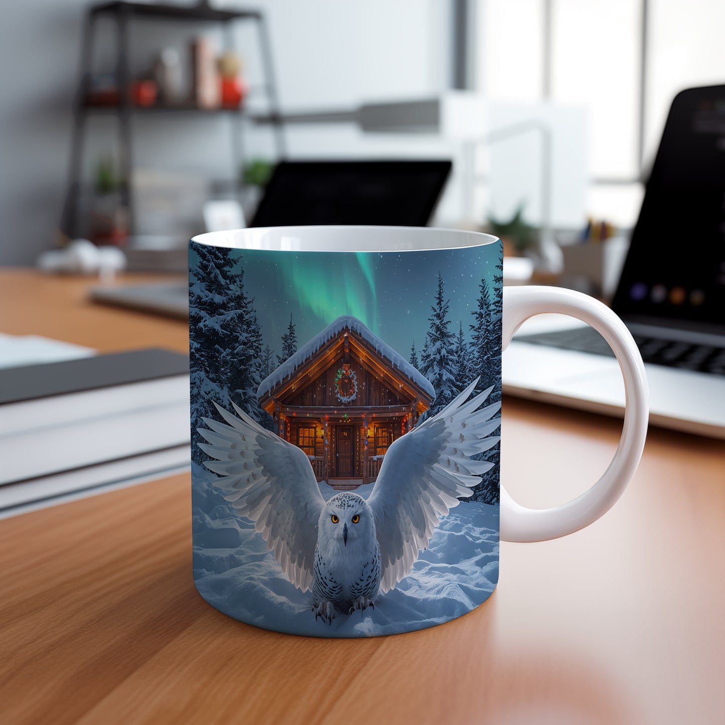 Hrnek s vánočním motivem – sova před chatou