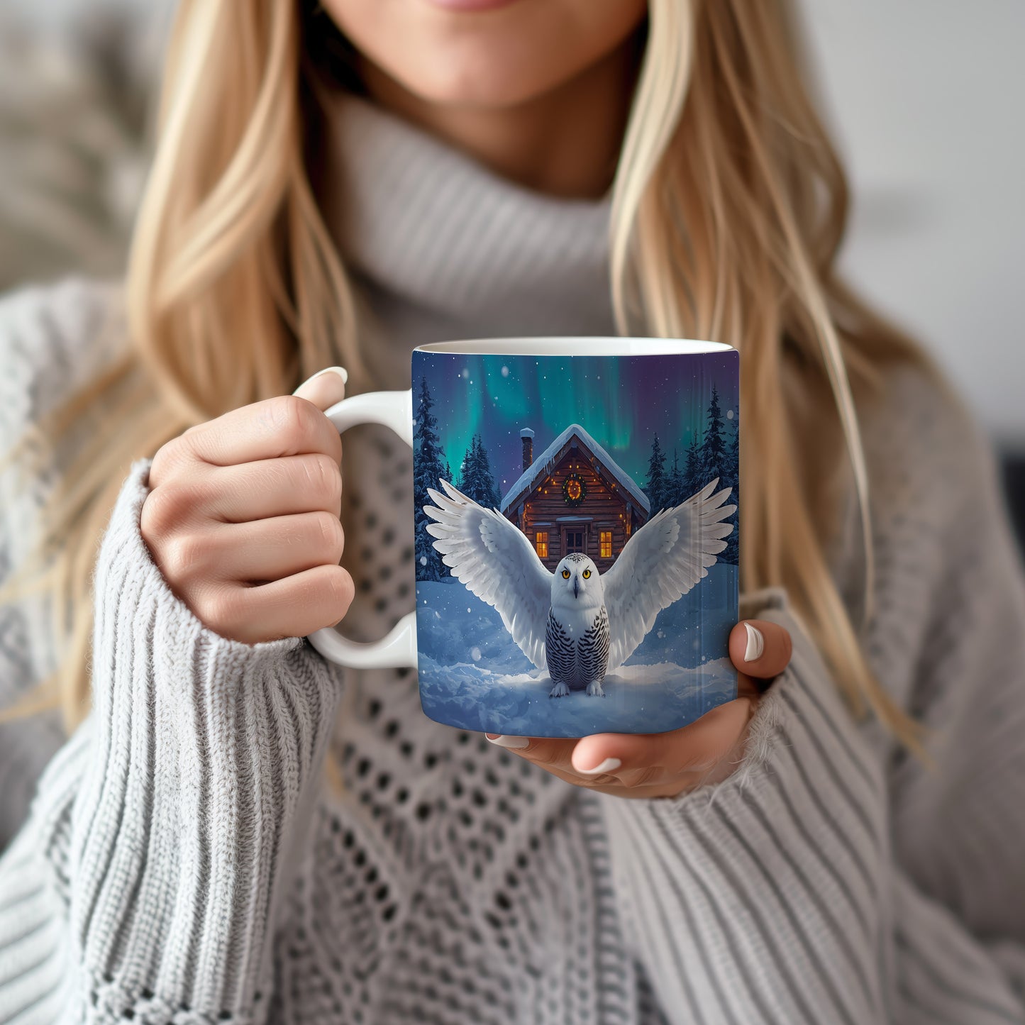 Hrnek s vánočním motivem – sněžná sova před srubem