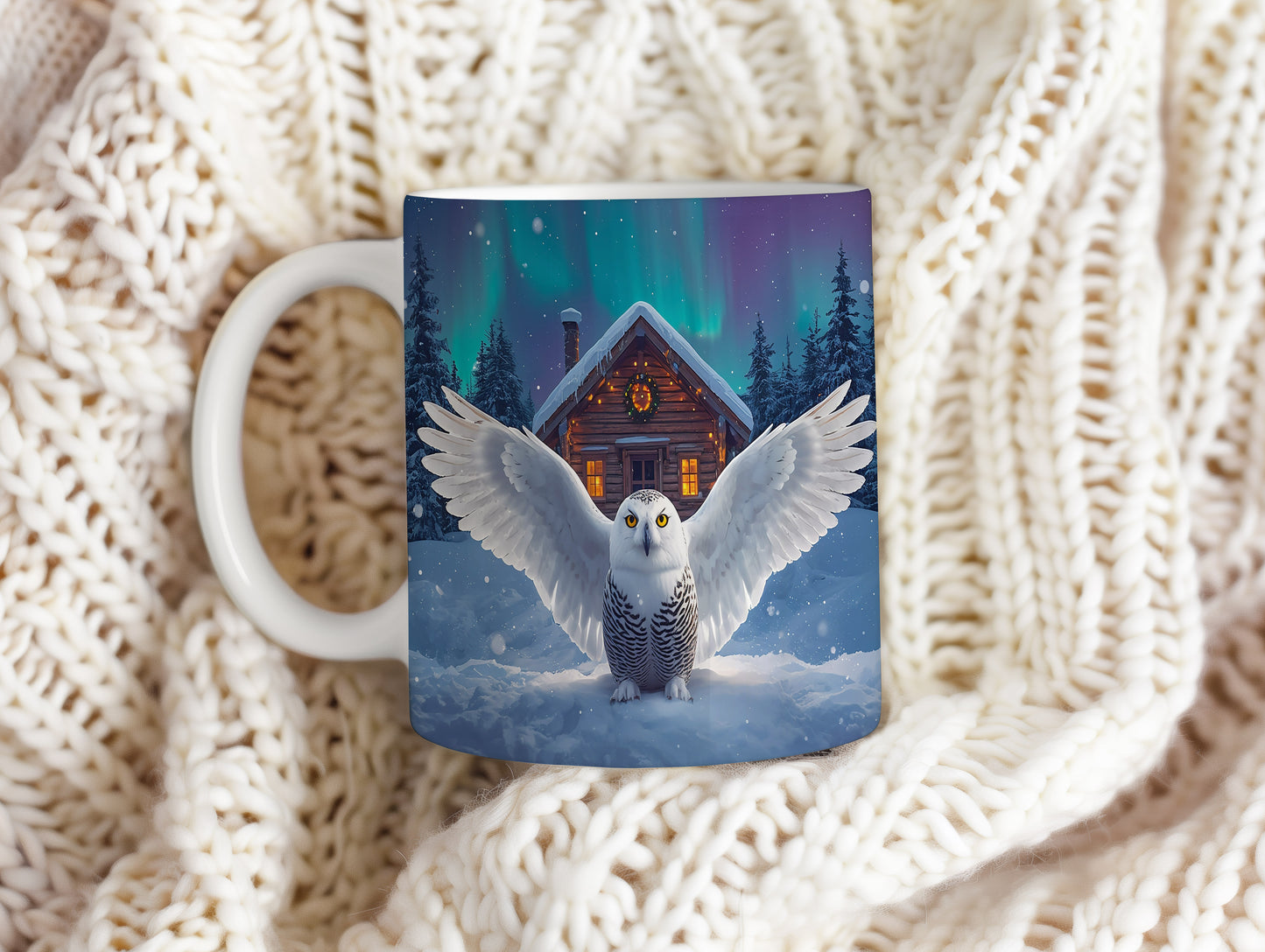 Hrnek s vánočním motivem – sněžná sova před srubem