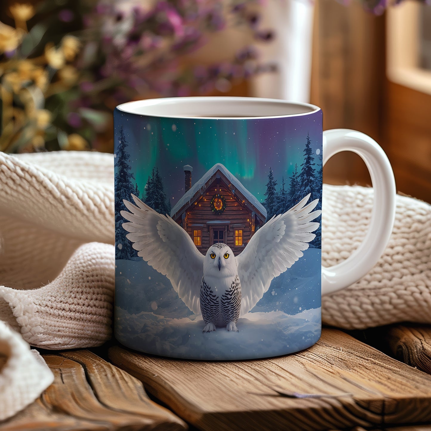 Hrnek s vánočním motivem – sněžná sova před srubem