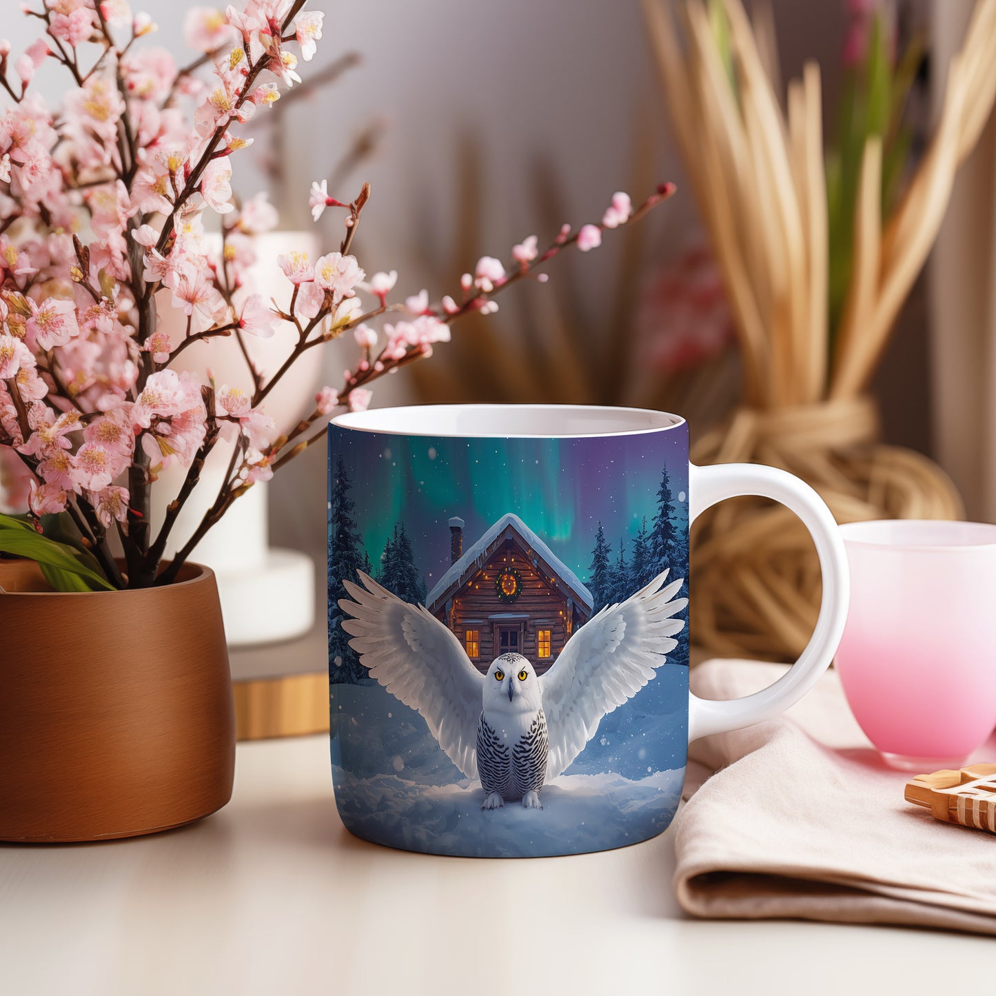 Hrnek s vánočním motivem – sněžná sova před srubem