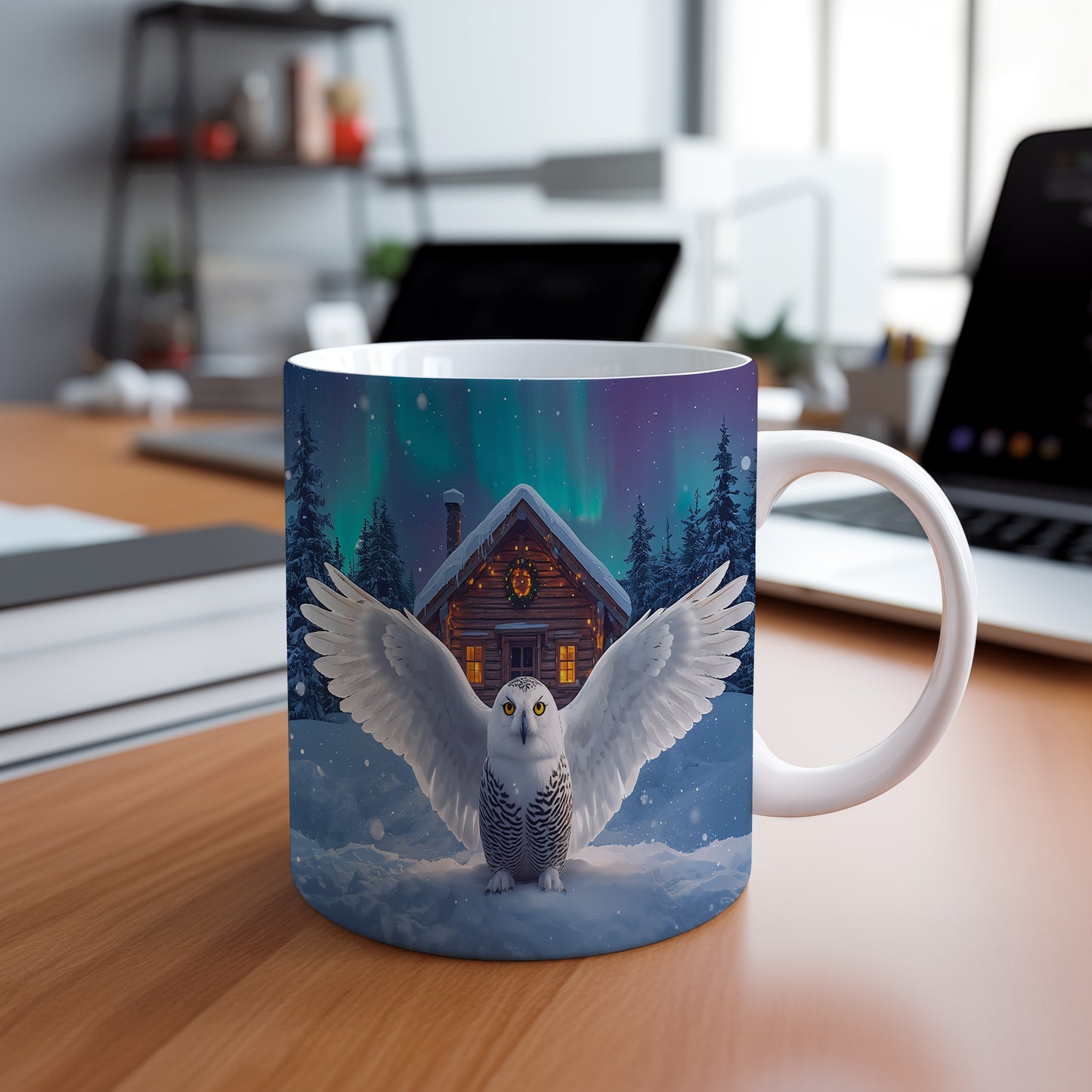 Hrnek s vánočním motivem – sněžná sova před srubem