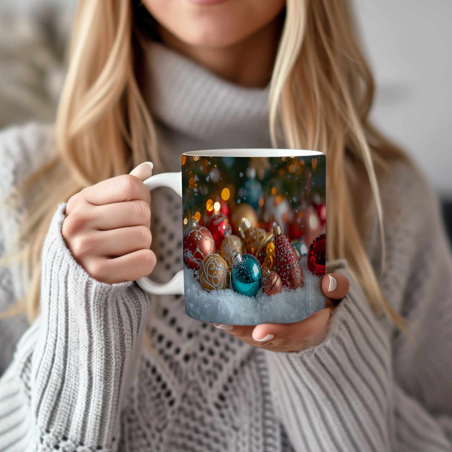 Hrnek s vánočním motivem – barevné ozdoby v sněhu