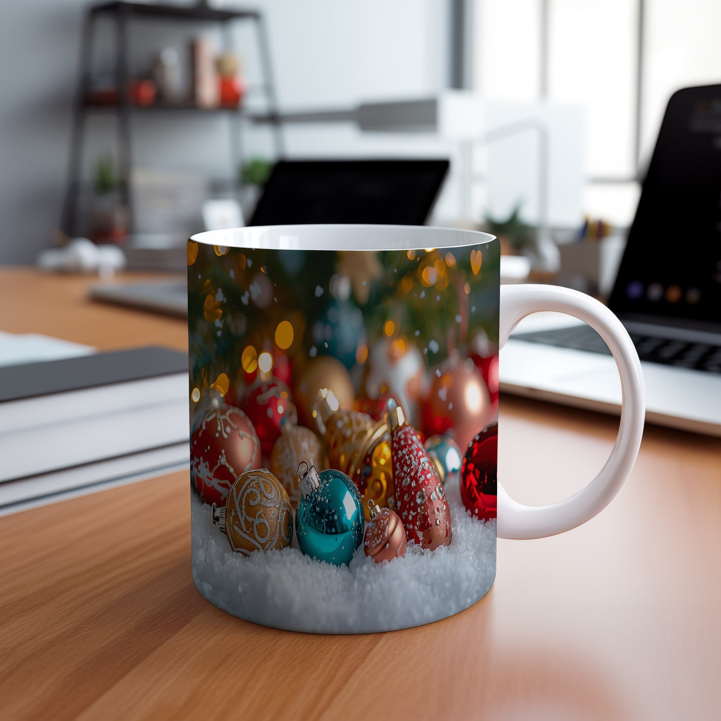 Hrnek s vánočním motivem – barevné ozdoby v sněhu