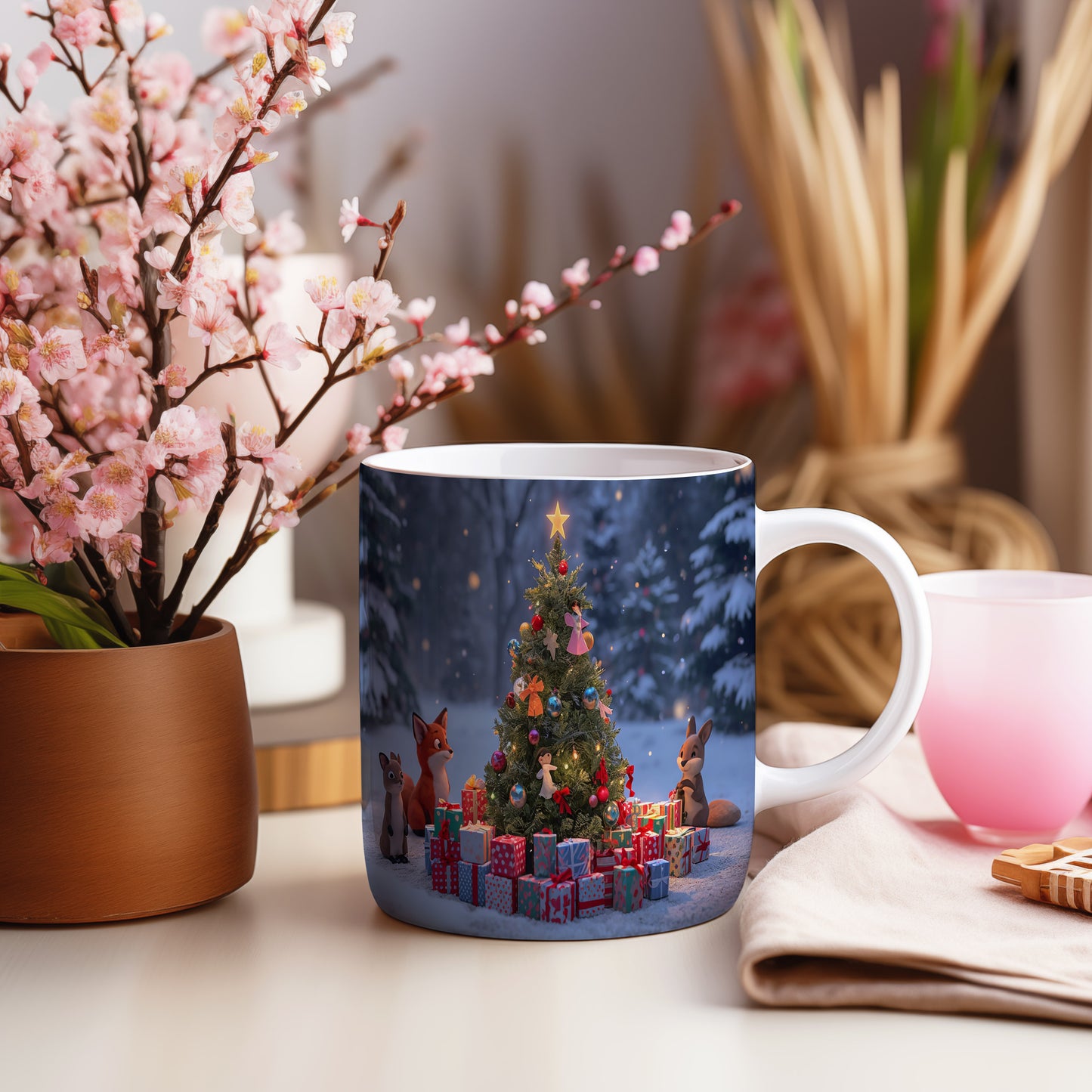 Hrnek s vánočním motivem – vánoční stromek a zvířátka