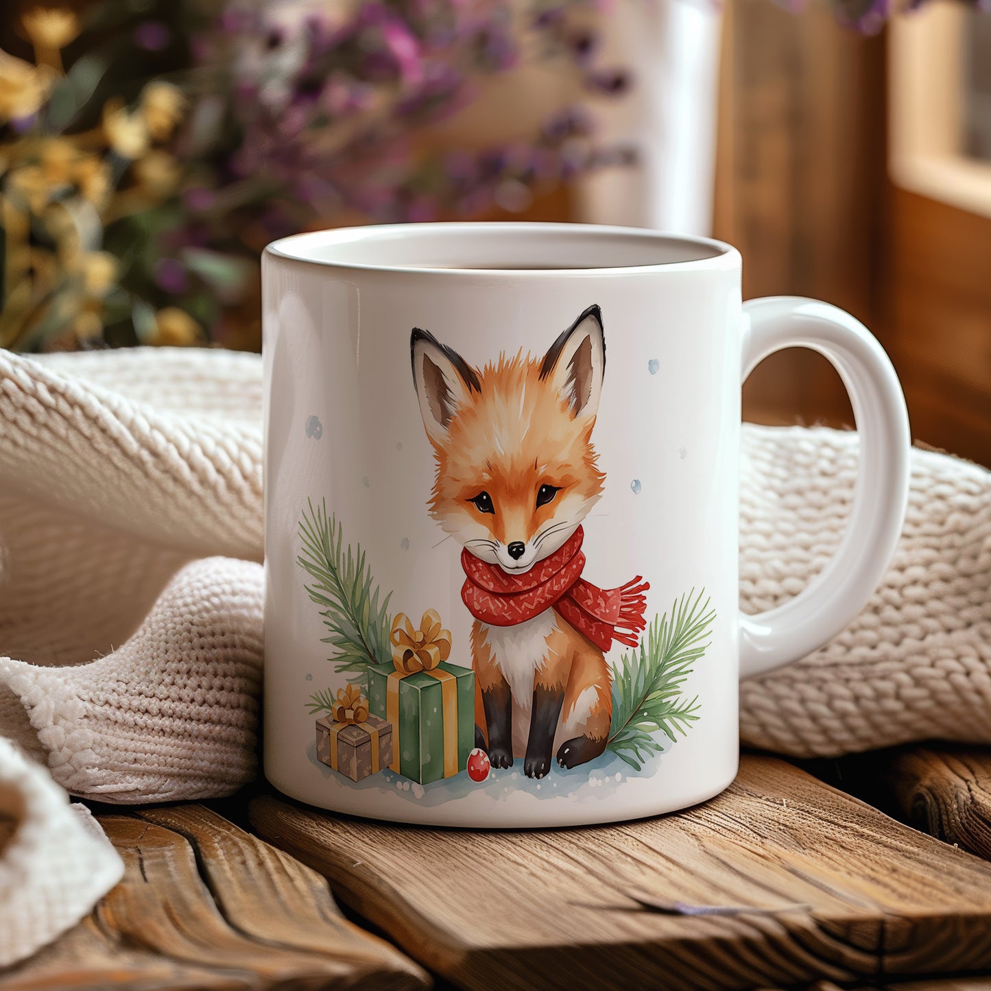 Hrnek s vánočním motivem – liška s dárky