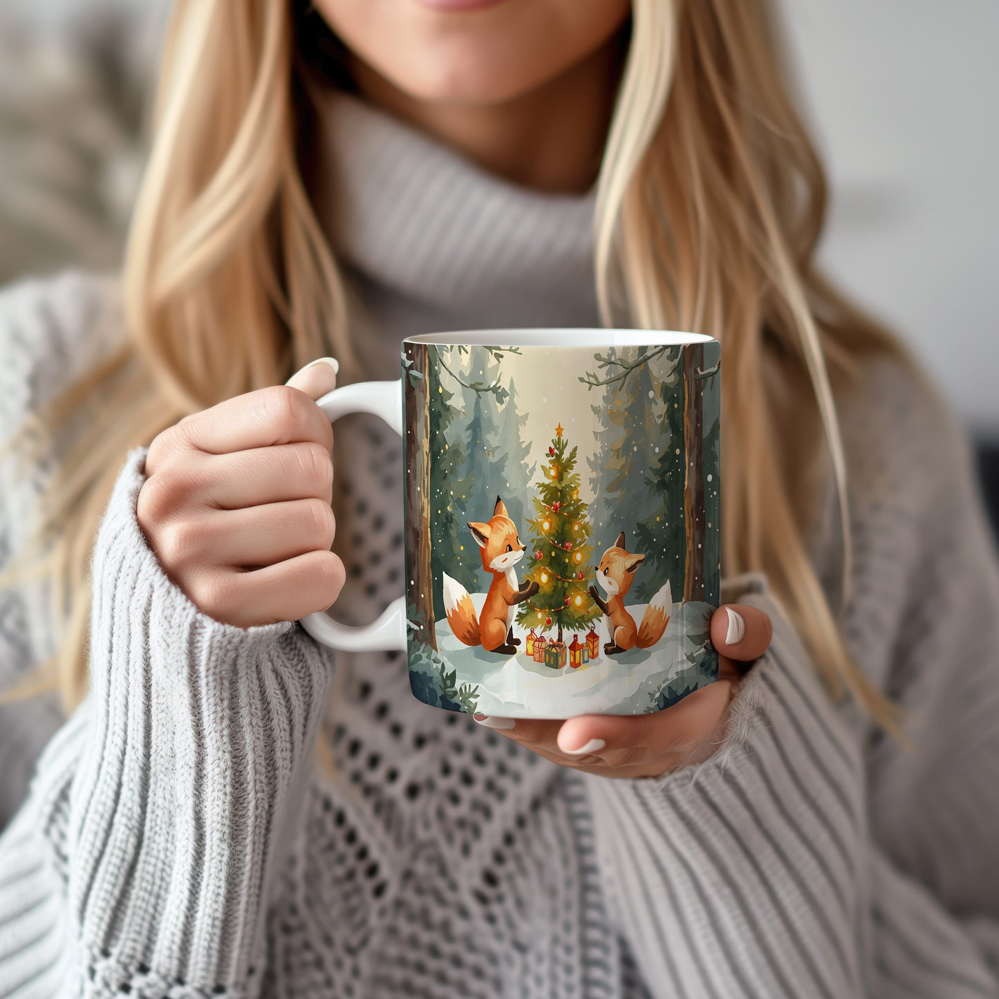 Hrnek s vánočním motivem – lišky kolem stromku