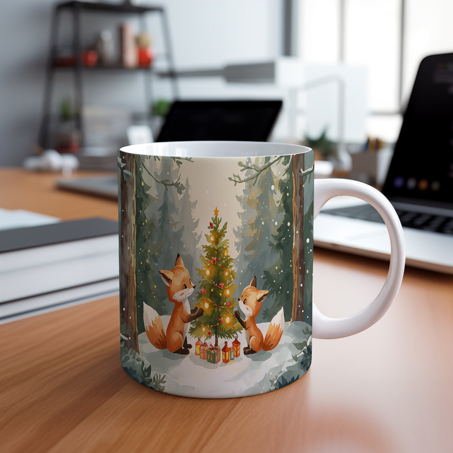 Hrnek s vánočním motivem – lišky kolem stromku