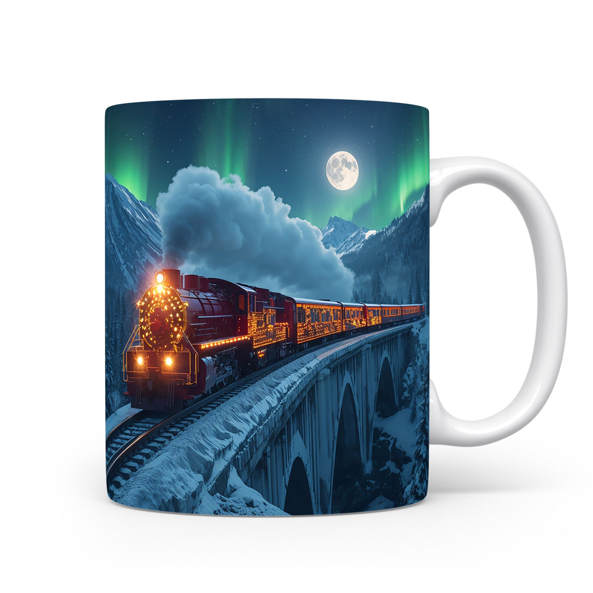 Hrnek s parní lokomotivou a polární září.