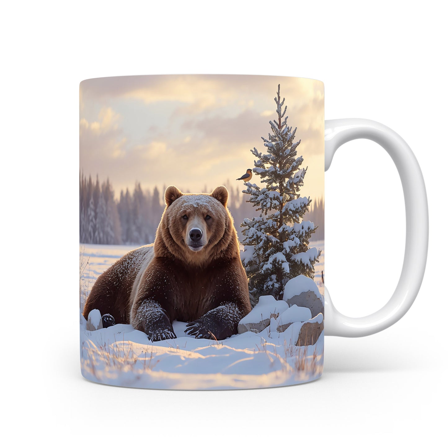 Hrnek s medvědem ve sněhu.