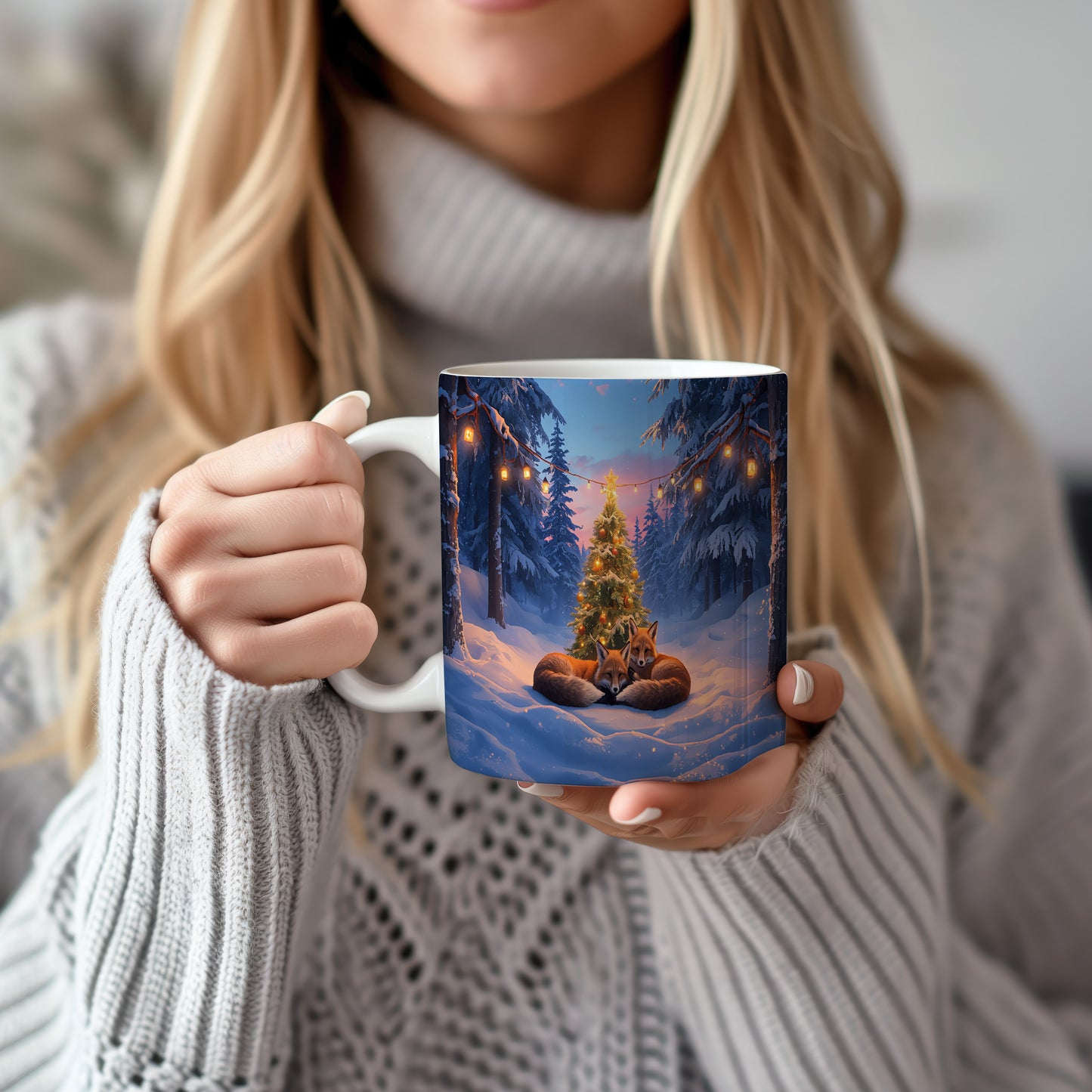 Hrnek s vánočním motivem – lišky u vánočního stromku