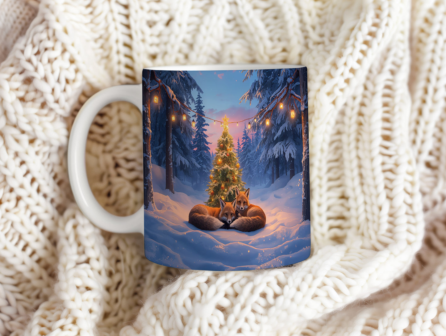 Hrnek s vánočním motivem – lišky u vánočního stromku