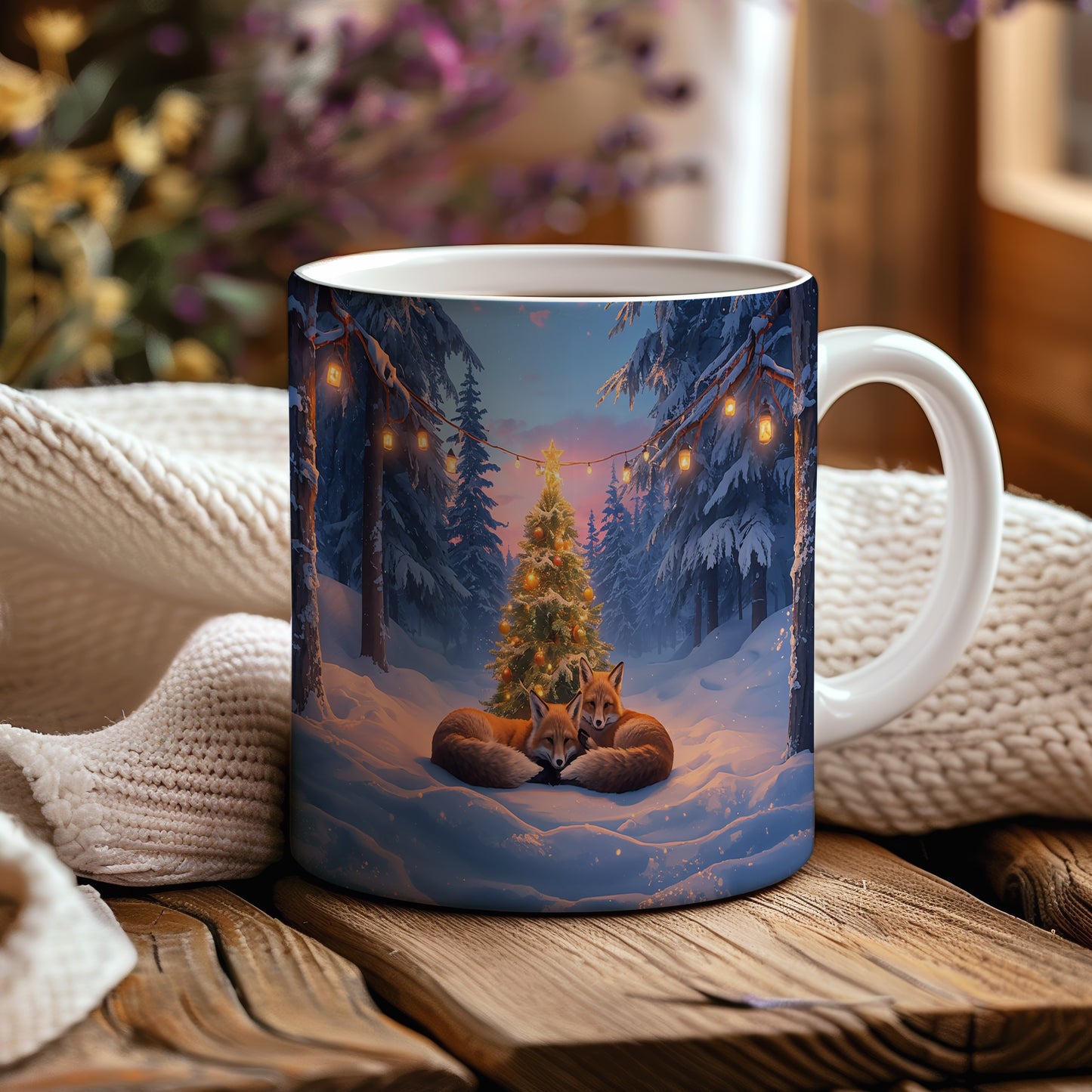 Hrnek s vánočním motivem – lišky u vánočního stromku