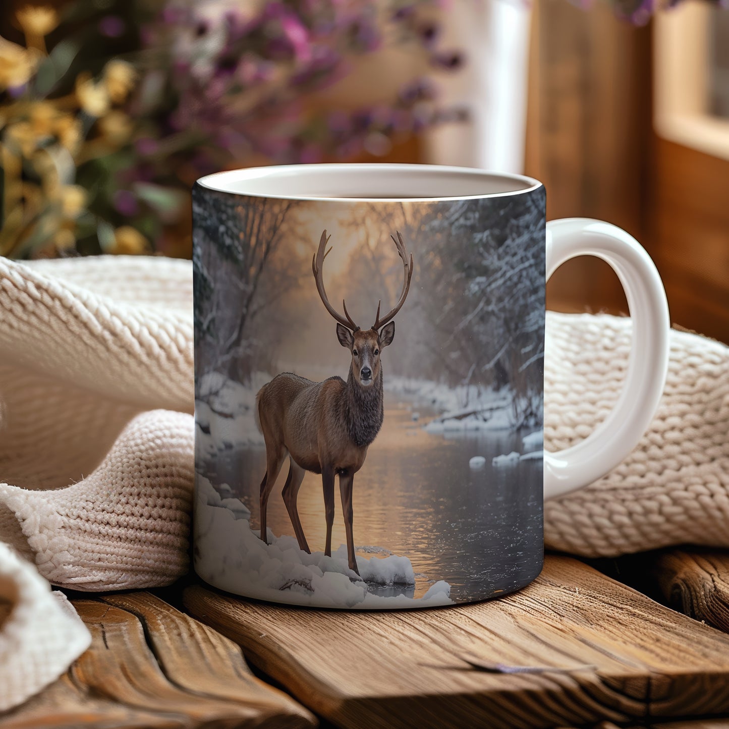 Hrnek s vánočním motivem – jelen u zasněžené řeky