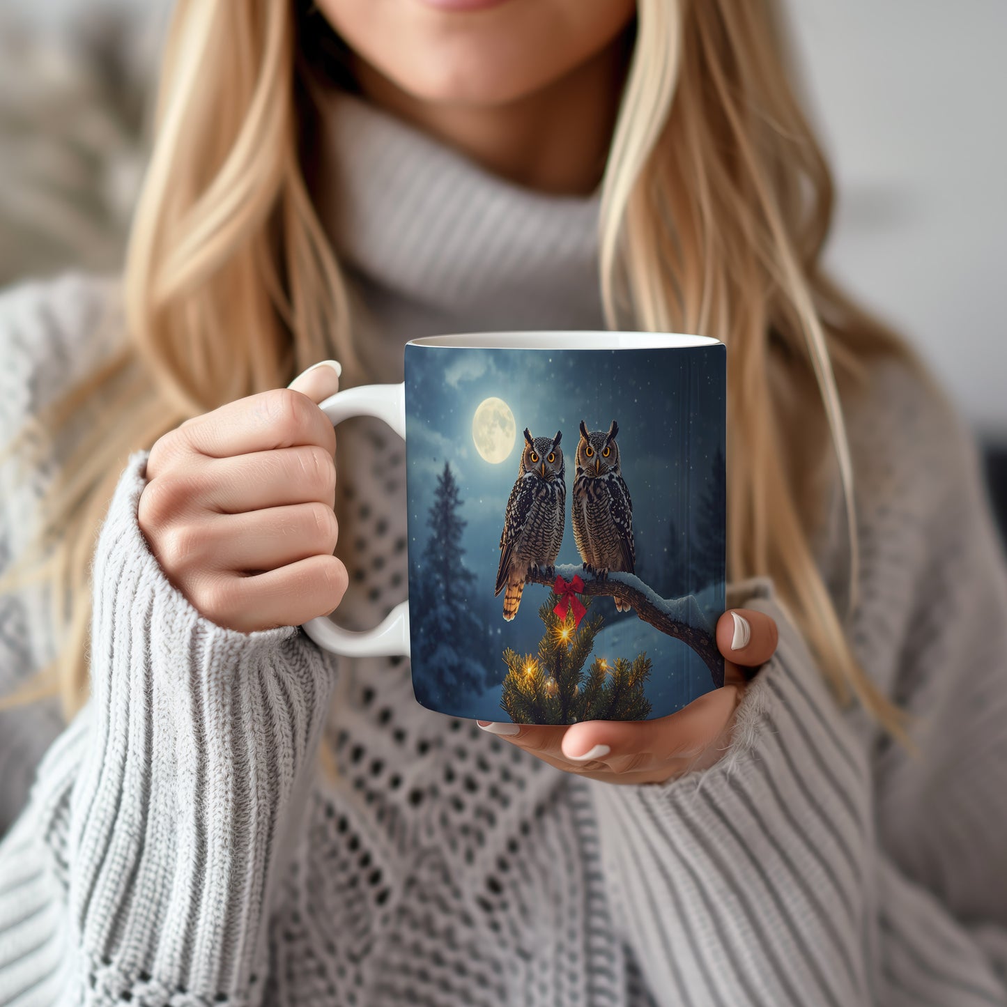 Hrnek s vánočním motivem – sovy na větvi s měsícem – sníh, sovy, stromek, úplněk