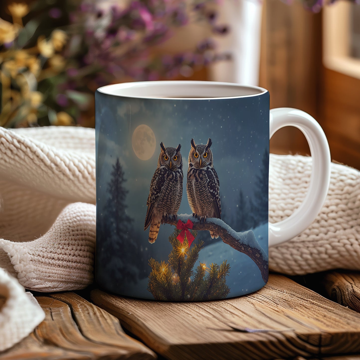 Hrnek s vánočním motivem – sovy na větvi s měsícem – sníh, sovy, stromek, úplněk