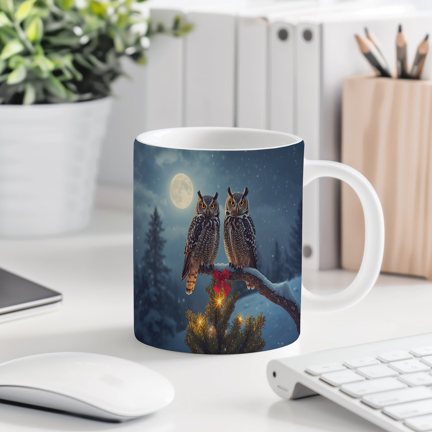 Hrnek s vánočním motivem – sovy na větvi s měsícem – sníh, sovy, stromek, úplněk