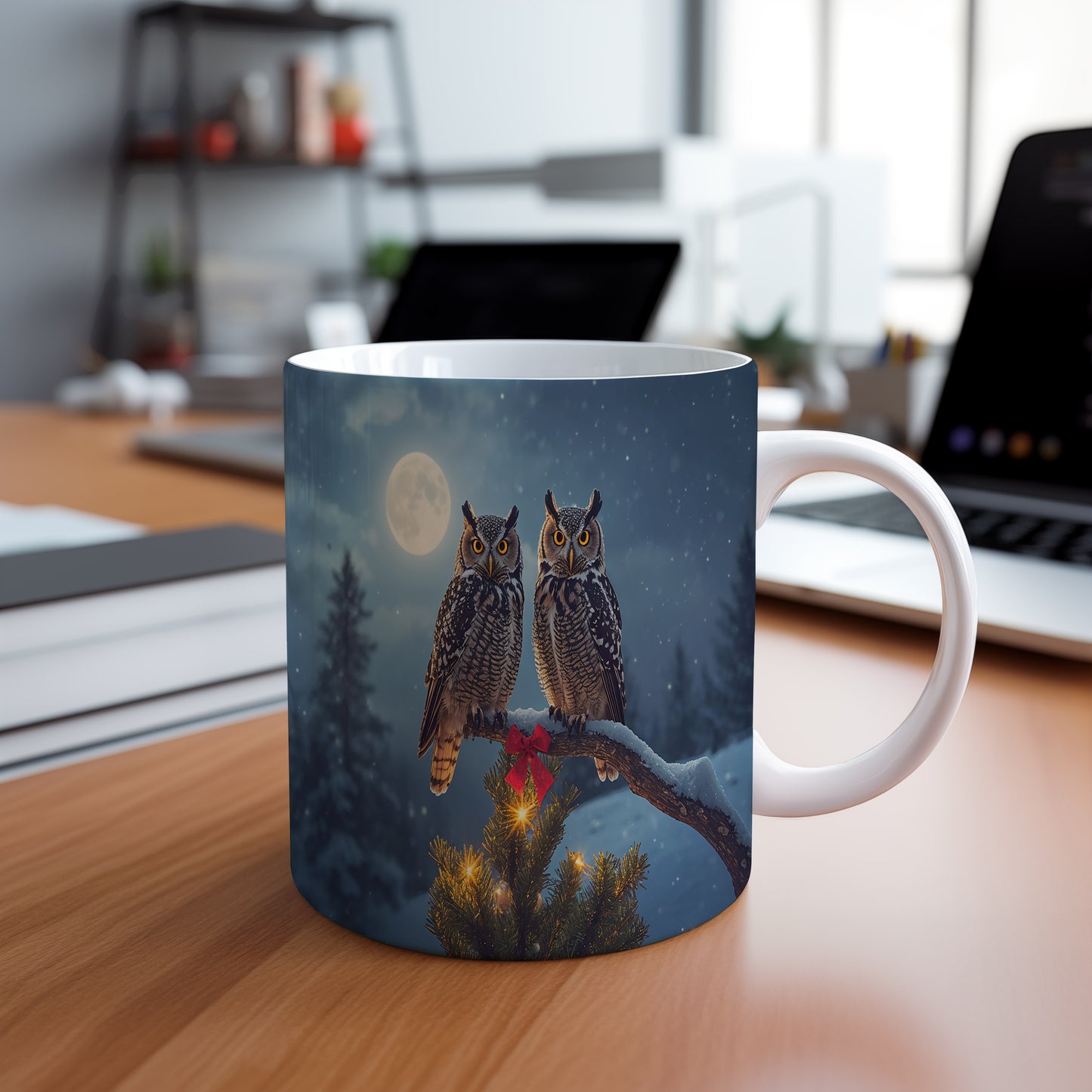 Hrnek s vánočním motivem – sovy na větvi s měsícem – sníh, sovy, stromek, úplněk