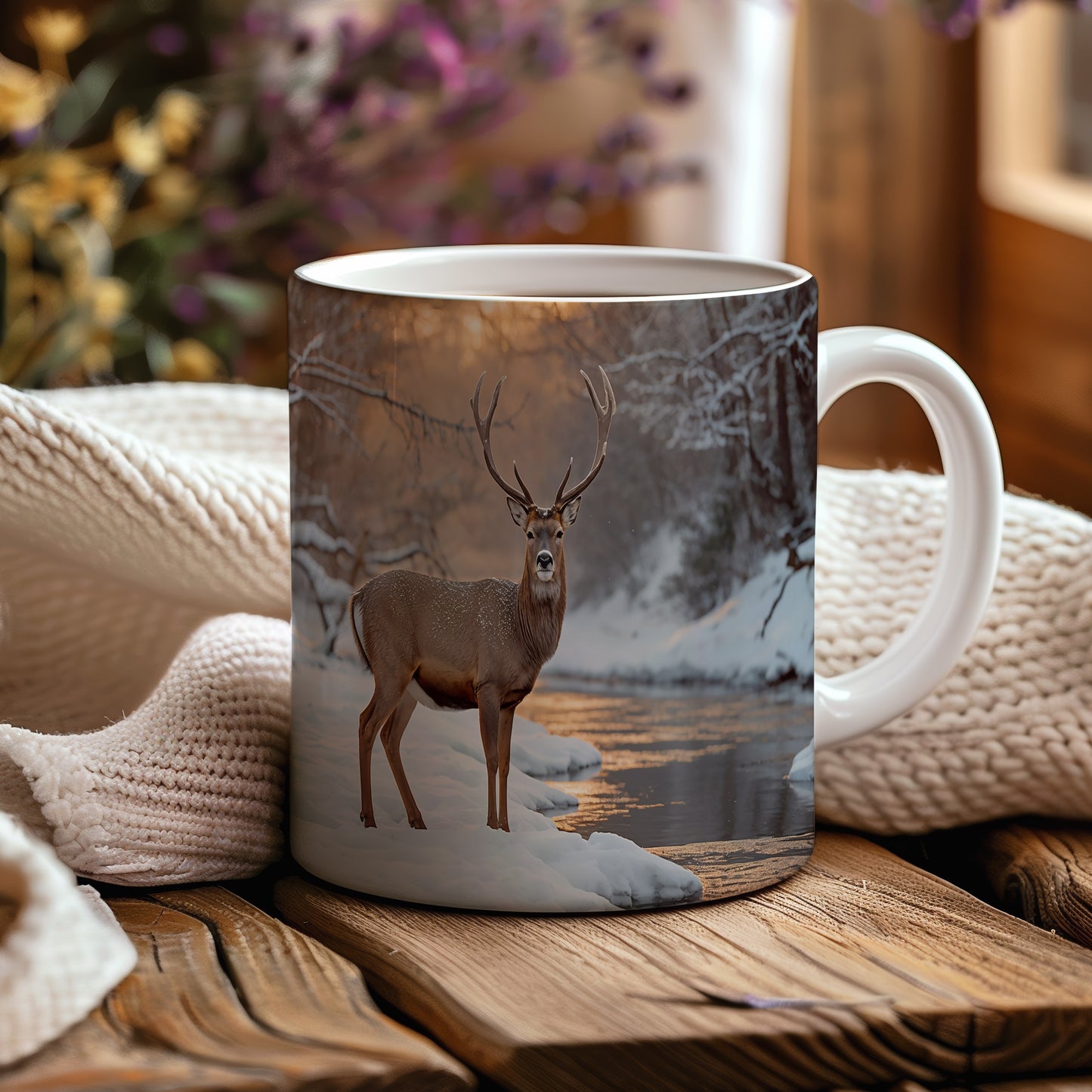 Hrnek s vánočním motivem – jelen u zimního potoka