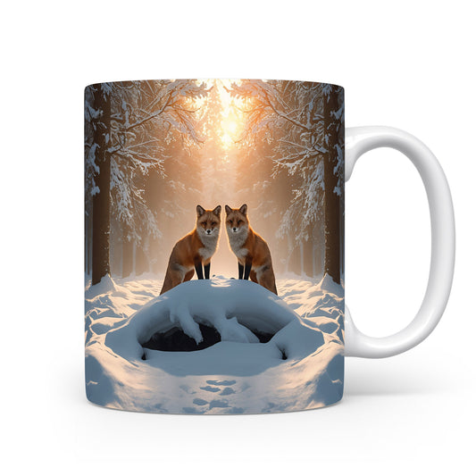 Lišky v zimním lese na hrnku.