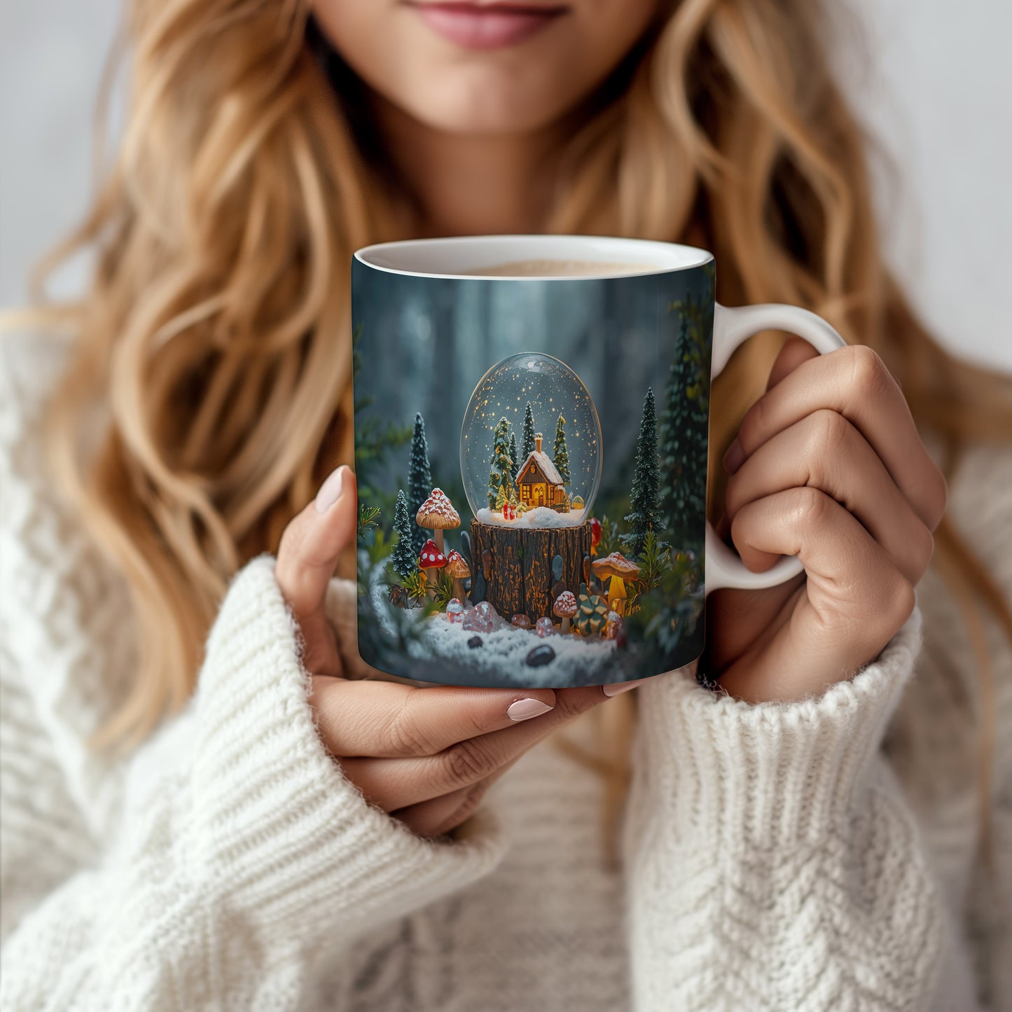 Hrnek s vánočním motivem – zasněžená chaloupka v kouli – les, chaloupka, koule, houby