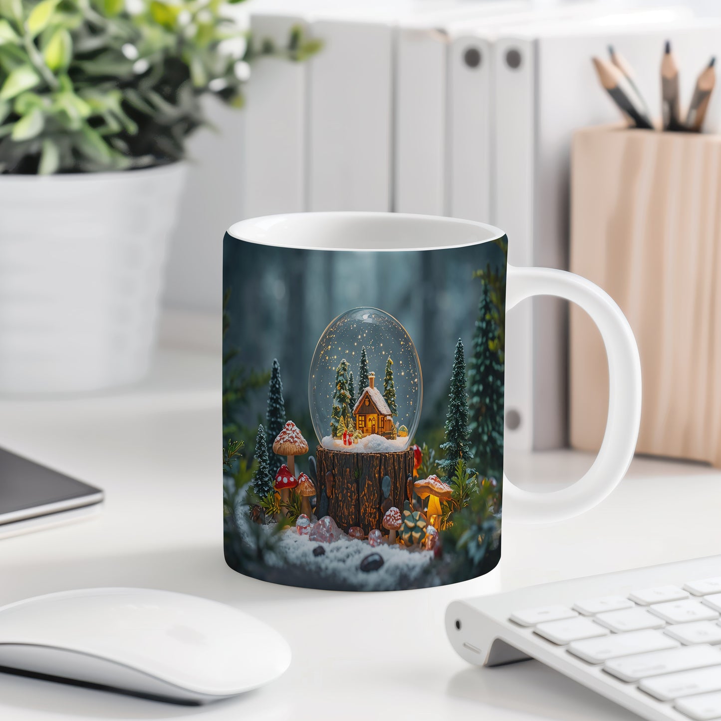 Hrnek s vánočním motivem – zasněžená chaloupka v kouli – les, chaloupka, koule, houby