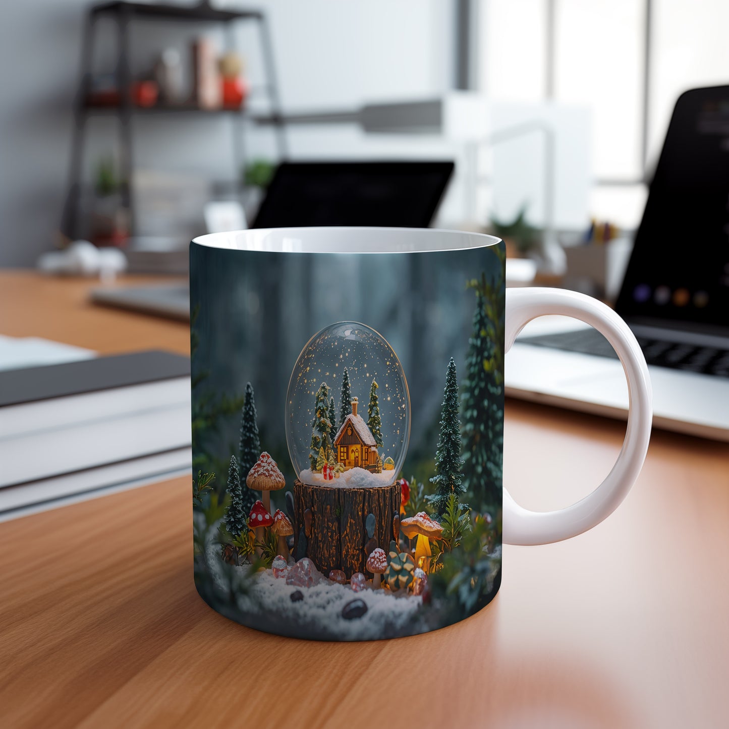 Hrnek s vánočním motivem – zasněžená chaloupka v kouli – les, chaloupka, koule, houby