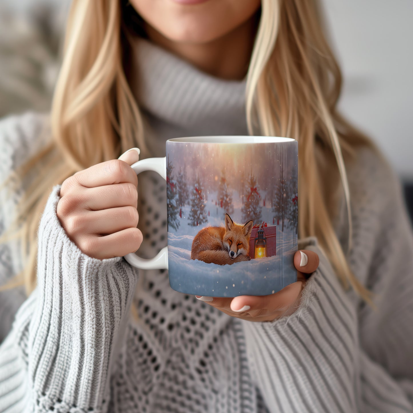Hrnek s vánočním motivem – liška ve sněhu s lucernou