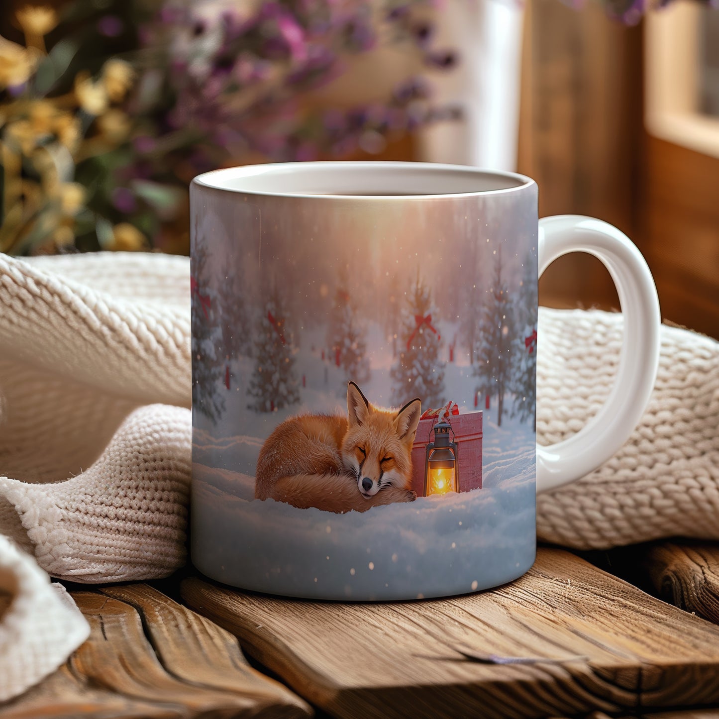 Hrnek s vánočním motivem – liška ve sněhu s lucernou