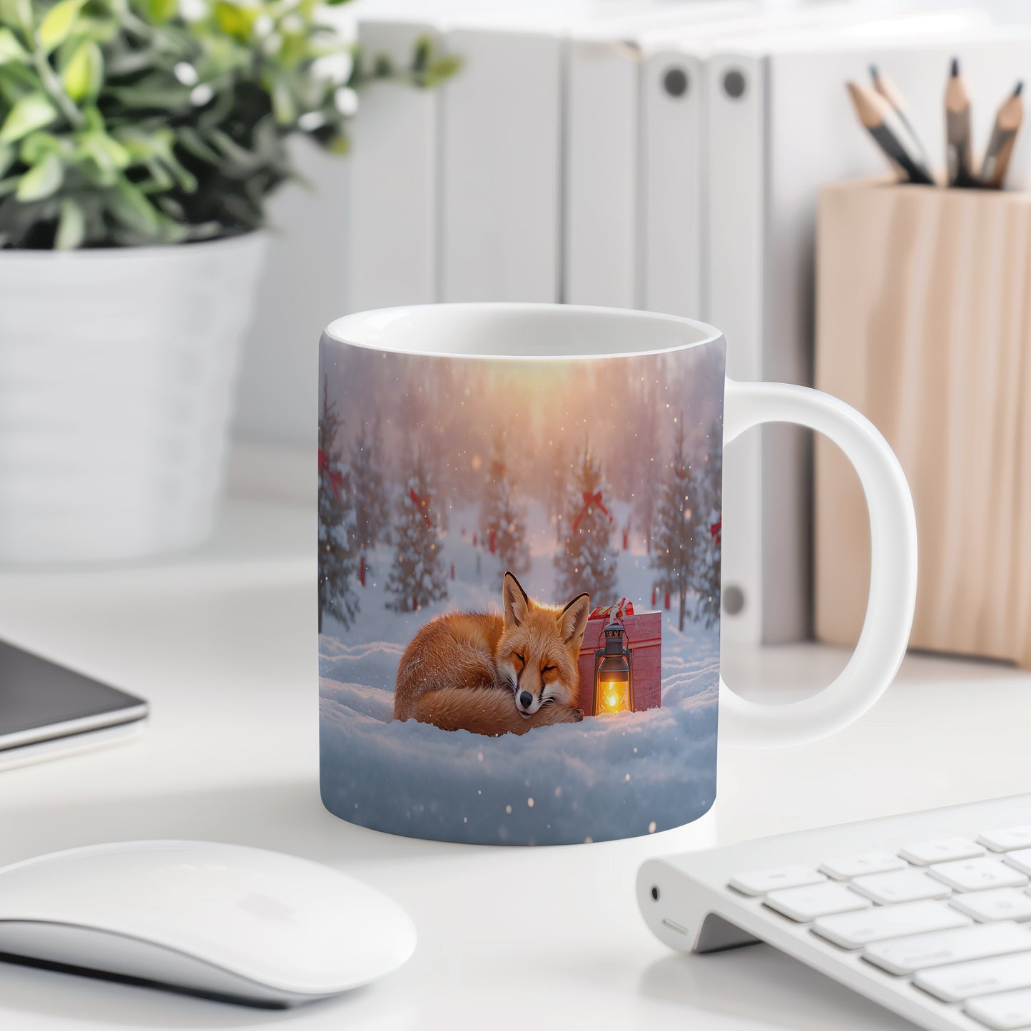 Hrnek s vánočním motivem – liška ve sněhu s lucernou