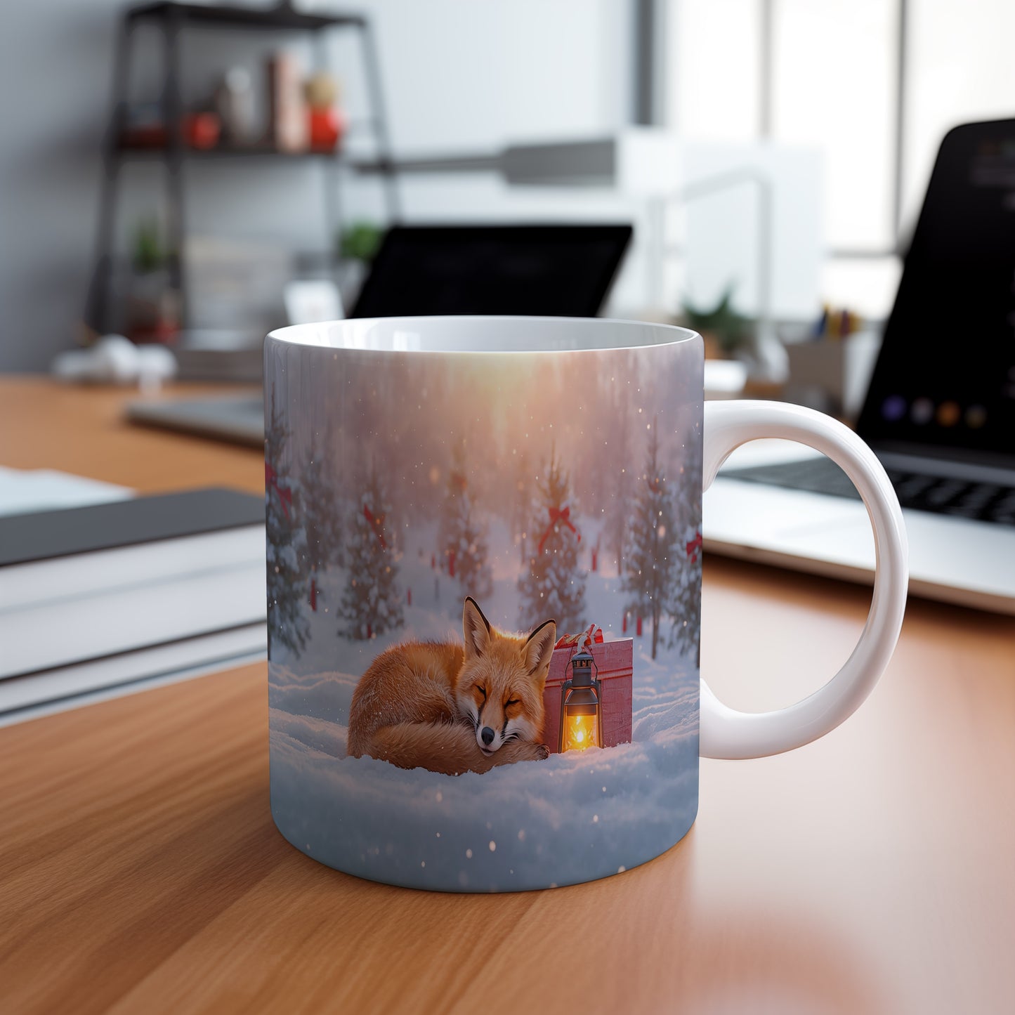 Hrnek s vánočním motivem – liška ve sněhu s lucernou