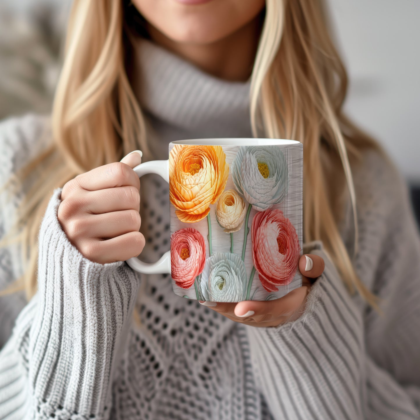 Hrnek s květinovým motivem v pastelových tónech – digitální ilustrace