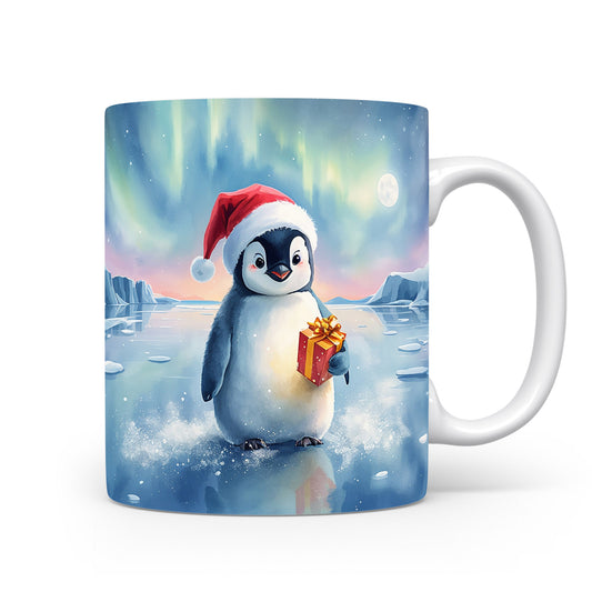 Tučňák s dárkem na hrnku.