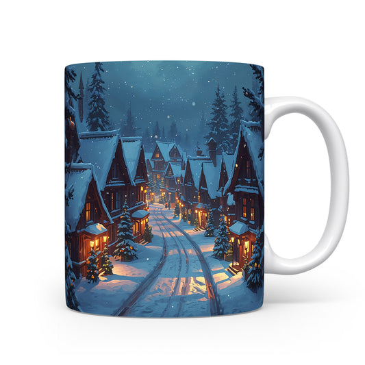 Hrnek s motivem vesničky.