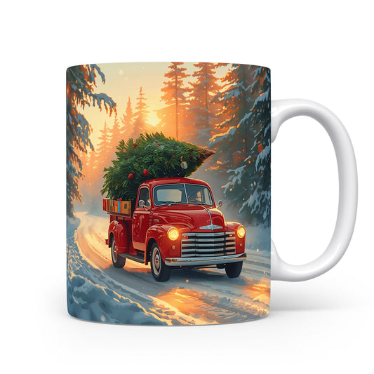 Červené auto s vánočním stromkem na hrnku.