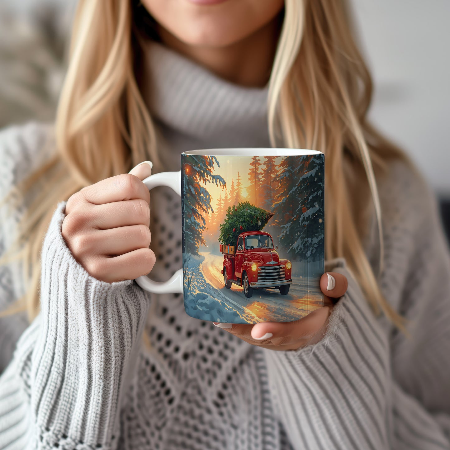 Hrnek s vánočním motivem – červené auto s vánočním stromkem