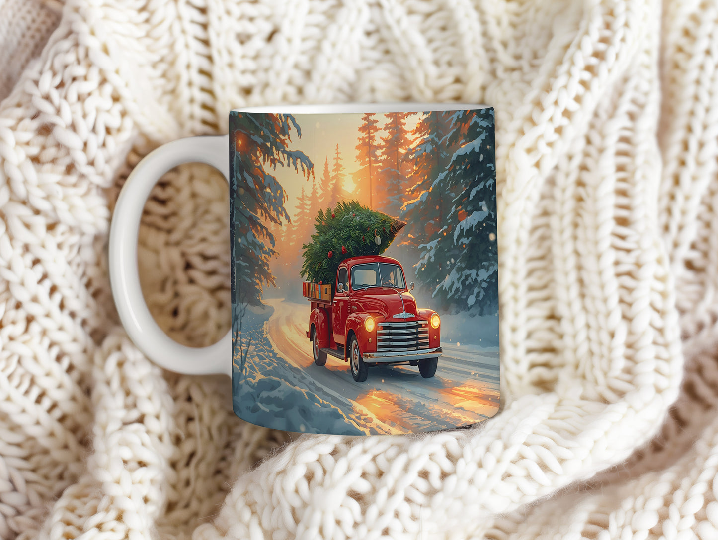 Hrnek s vánočním motivem – červené auto s vánočním stromkem