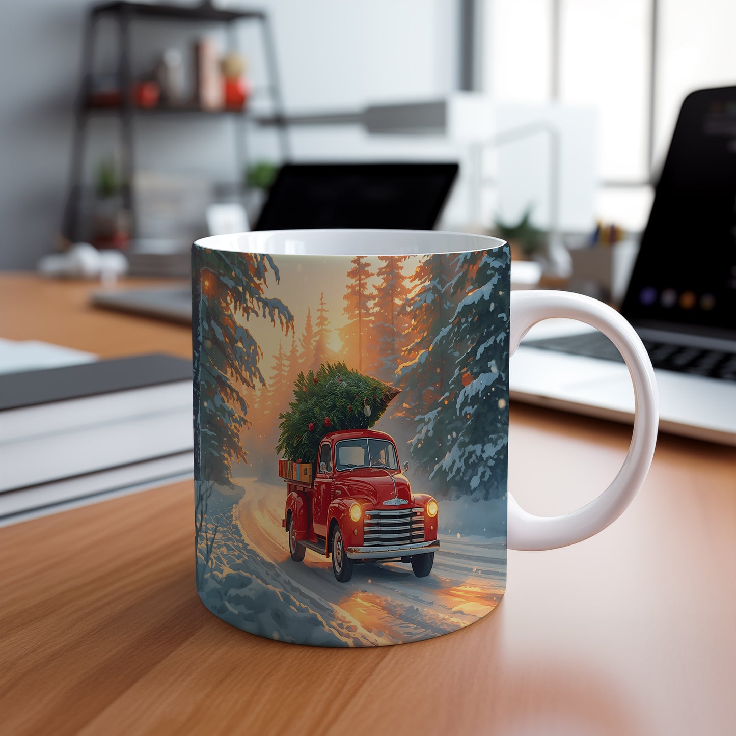 Hrnek s vánočním motivem – červené auto s vánočním stromkem