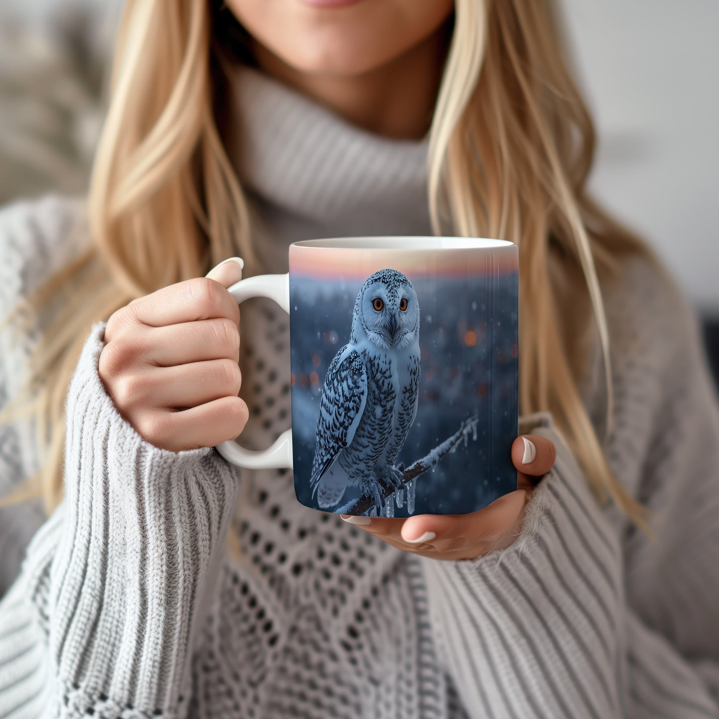 Hrnek s vánočním motivem – sova v zimní krajině – sníh, sova