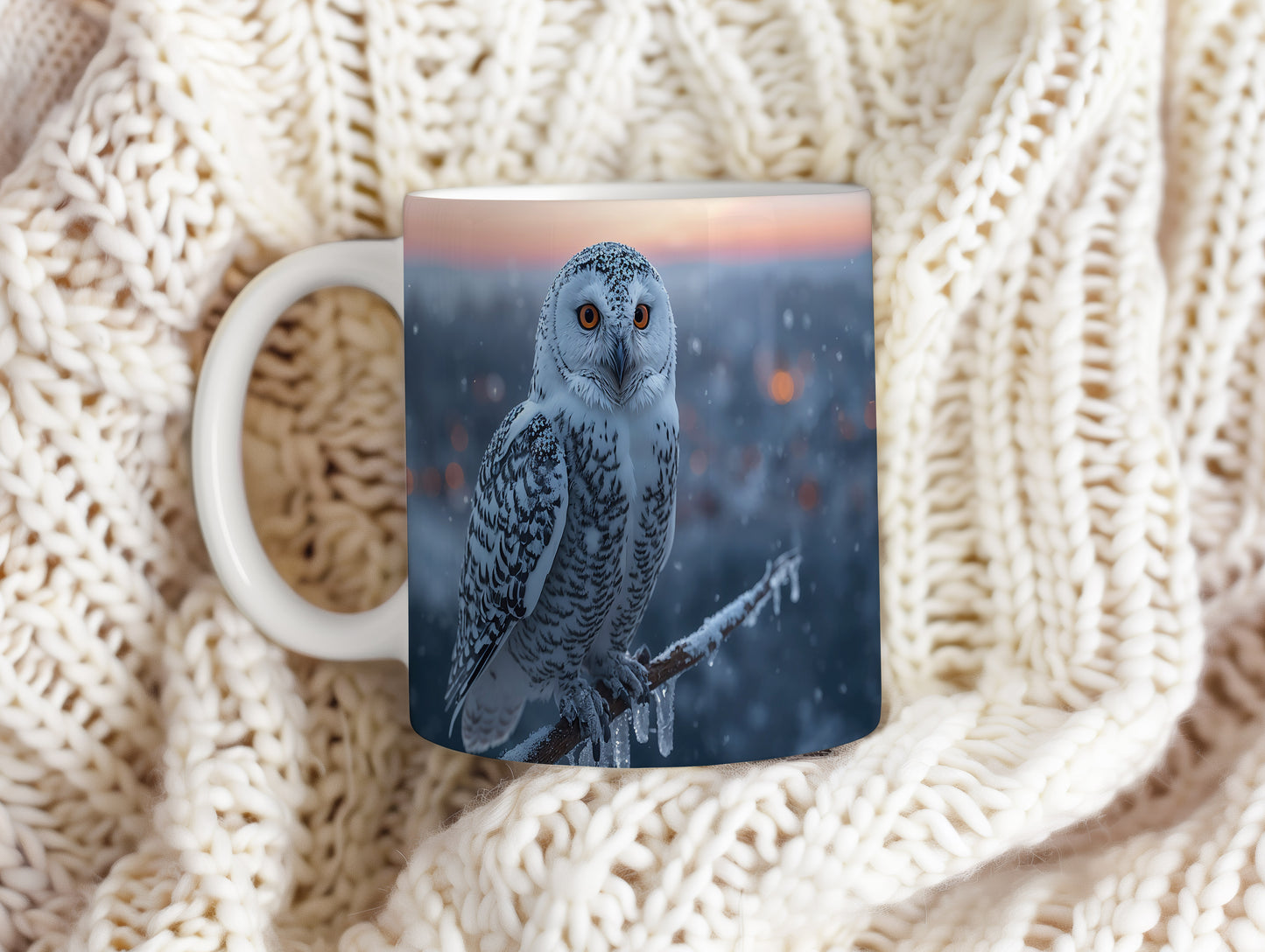 Hrnek s vánočním motivem – sova v zimní krajině – sníh, sova