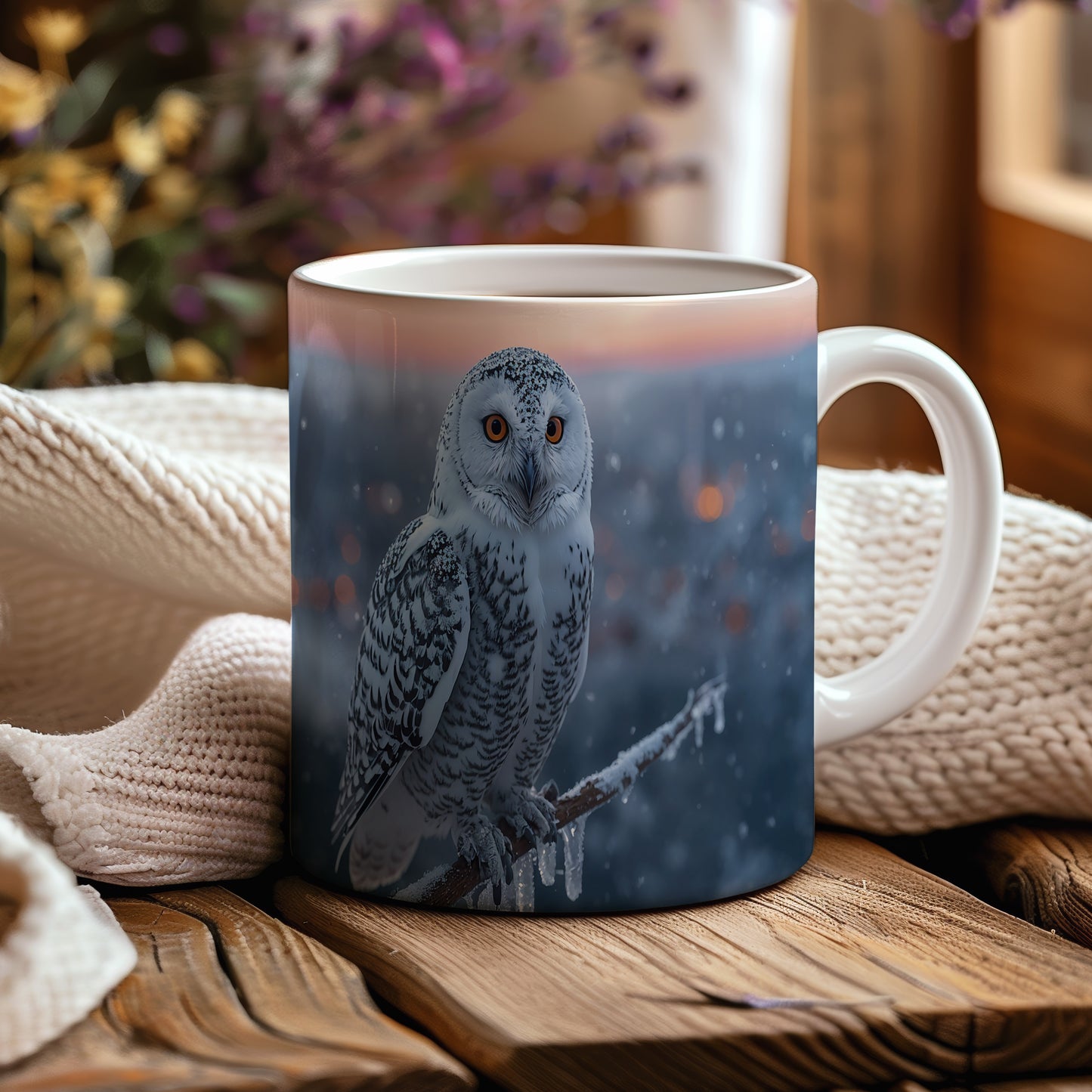 Hrnek s vánočním motivem – sova v zimní krajině – sníh, sova