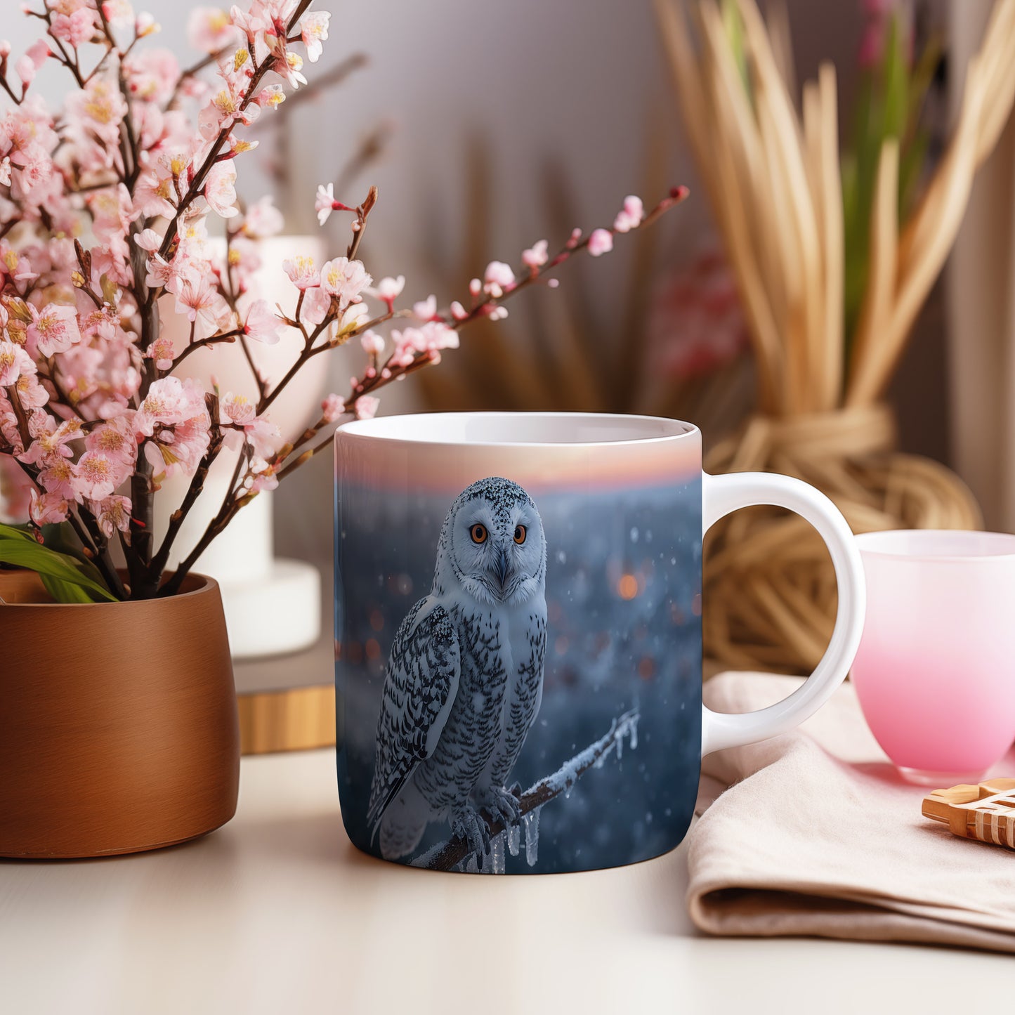 Hrnek s vánočním motivem – sova v zimní krajině – sníh, sova
