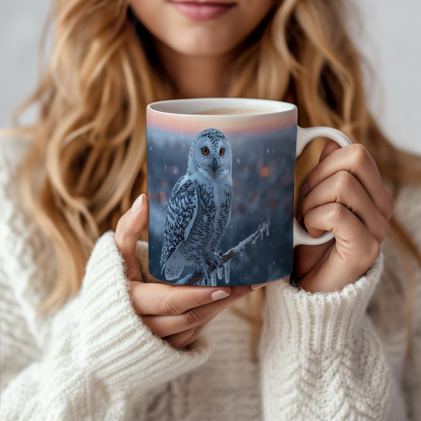 Hrnek s vánočním motivem – sova v zimní krajině – sníh, sova