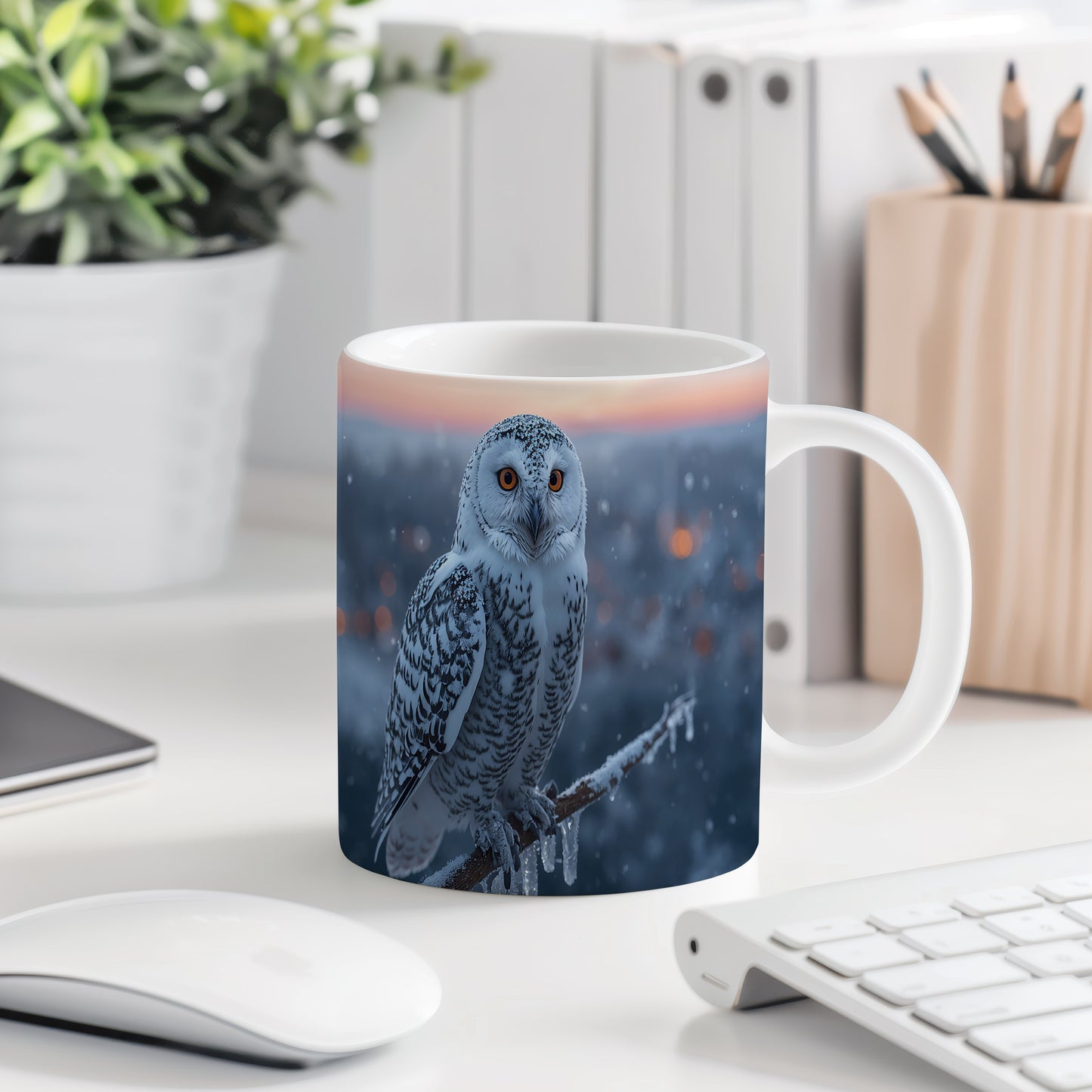 Hrnek s vánočním motivem – sova v zimní krajině – sníh, sova