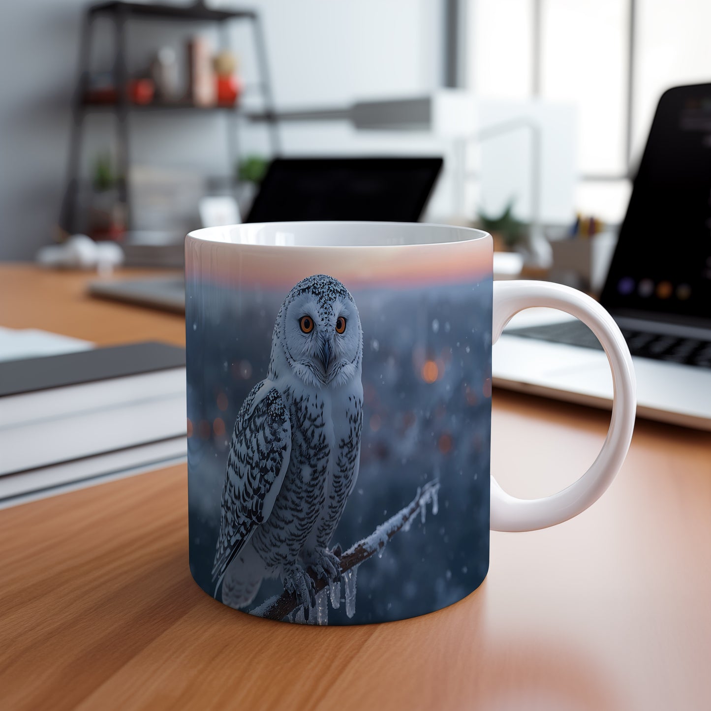 Hrnek s vánočním motivem – sova v zimní krajině – sníh, sova