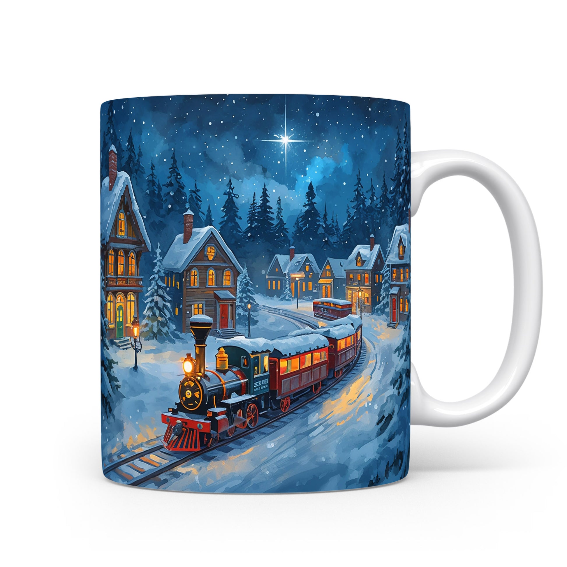 Vánoční hrnek s nočním vlakem.